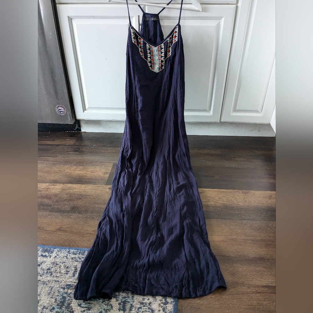 Gorgeous new Zara basic long Tribal maxi dress blue size xs beaded bohenian